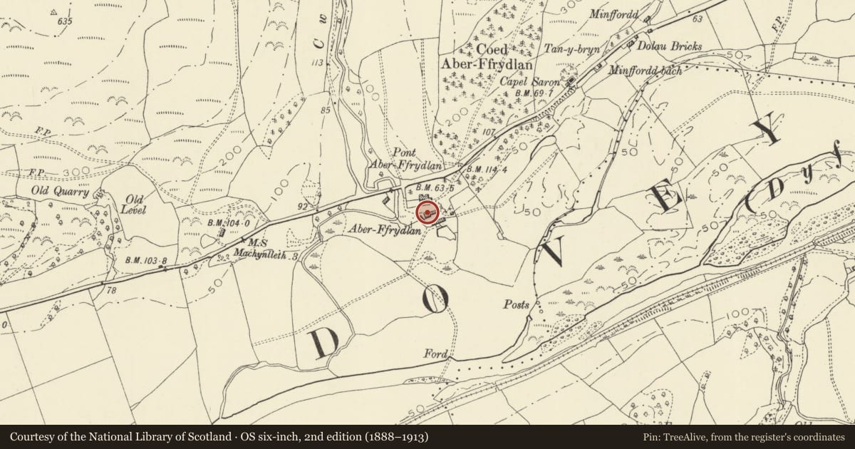 Ordnance Survey six-inch map, 2nd edition (1888–1913) covering the location of Stable and cow-house at Aberffrydlan, Glantwymyn, Powys, with a pin at the register's coordinates