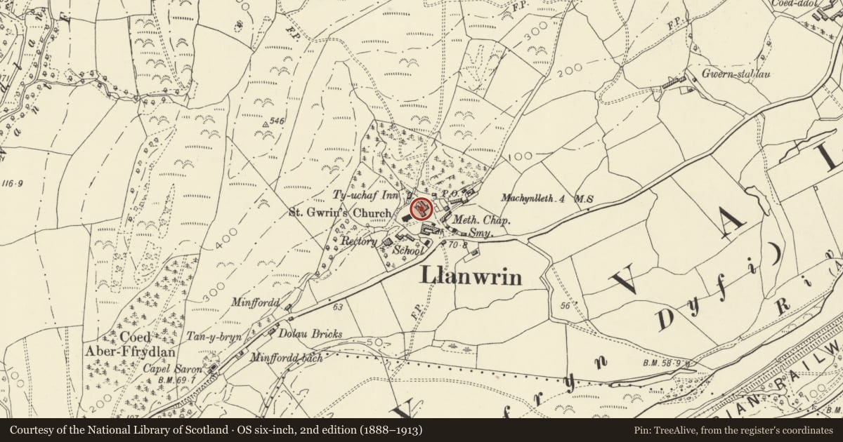 Ordnance Survey six-inch map, 2nd edition (1888–1913) covering the location of Ty Uchaf, Glantwymyn, Powys, with a pin at the register's coordinates