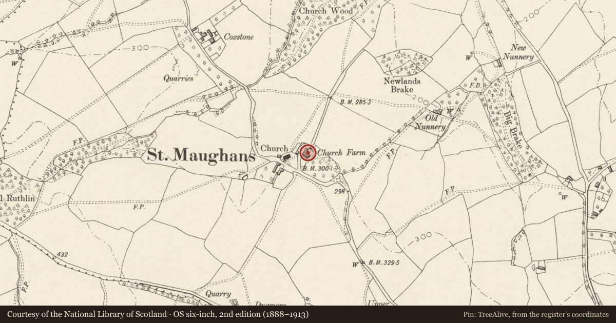 Ordnance Survey six-inch map, 2nd edition (1888–1913) covering the location of Farmhouse at Church Farm, Whitecastle, Monmouthshire, with a pin at the register's coordinates