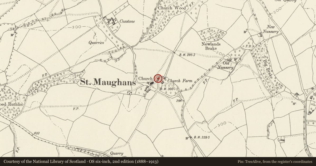 Ordnance Survey six-inch map, 2nd edition (1888–1913) covering the location of Barn at Church Farm, Whitecastle, Monmouthshire, with a pin at the register's coordinates