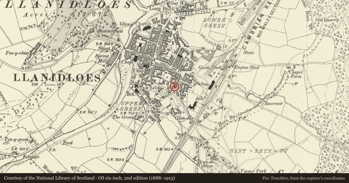 Ordnance Survey six-inch map, 2nd edition (1888–1913) covering the location of Magistrate's Court, Llanidloes, Powys, with a pin at the register's coordinates