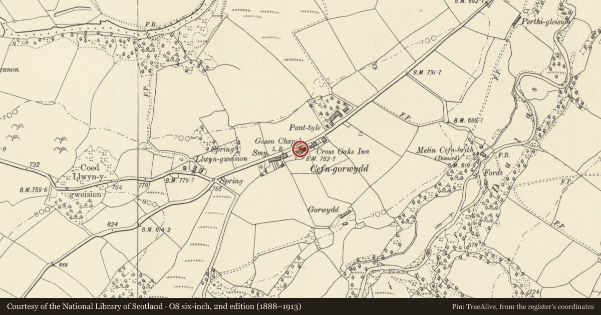 Ordnance Survey six-inch map, 2nd edition (1888–1913) covering the location of Gosen Chapel including forecourt railings and gates, and attached Ty Capel, Llangamarch, Powys, with a pin at the register's coordinates