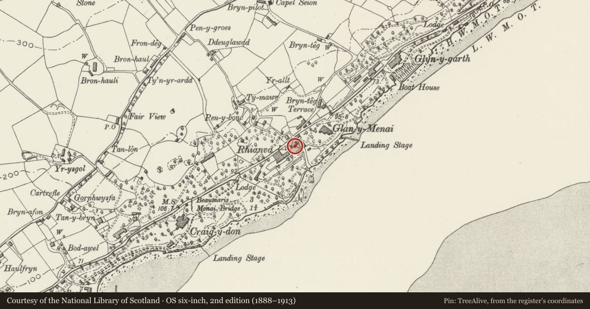 Ordnance Survey six-inch map, 2nd edition (1888–1913) covering the location of Gate-house, with gate-piers and retaining wall to courtyard, Plas Rhianfa, Cwm Cadnant, Isle of Anglesey, with a pin at the register's coordinates