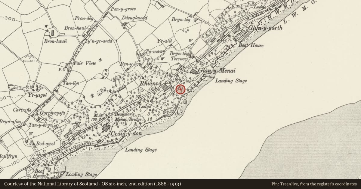 Ordnance Survey six-inch map, 2nd edition (1888–1913) covering the location of Summerhouse and dovecote in garden of Plas Rhianfa, Cwm Cadnant, Isle of Anglesey, with a pin at the register's coordinates