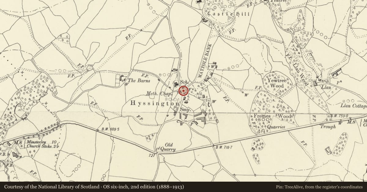 Ordnance Survey six-inch map, 2nd edition (1888–1913) covering the location of Telephone Call-box on Green, Hyssington, Churchstoke, Powys, with a pin at the register's coordinates