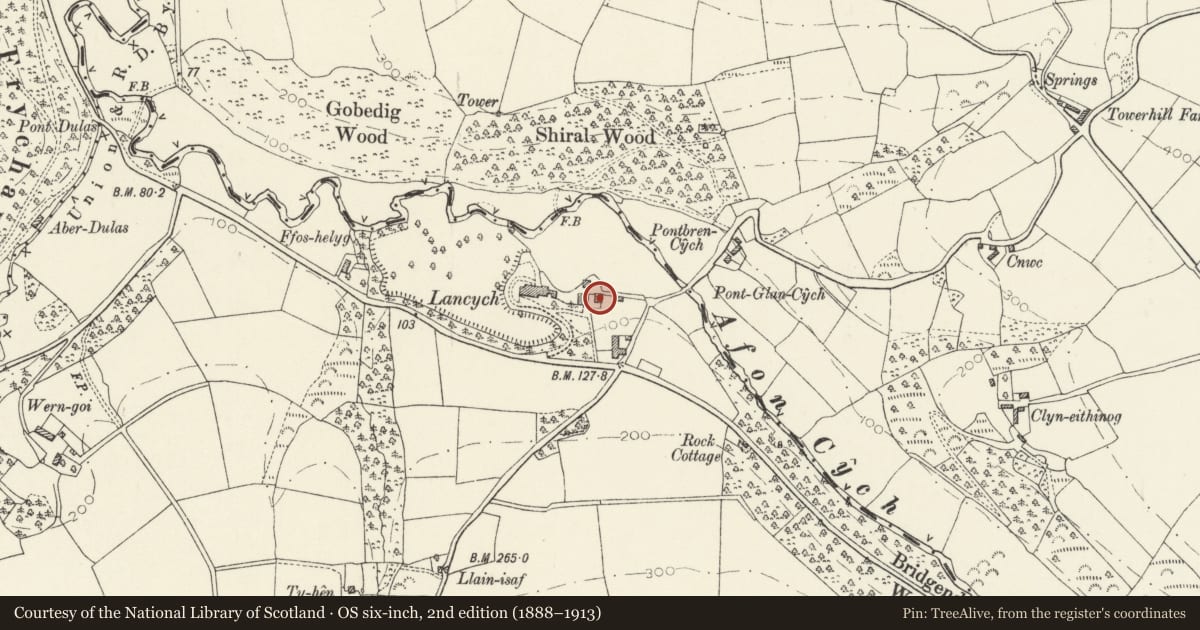 Ordnance Survey six-inch map, 2nd edition (1888–1913) covering the location of Coach house at Lancych, Clydau, Pembrokeshire, with a pin at the register's coordinates