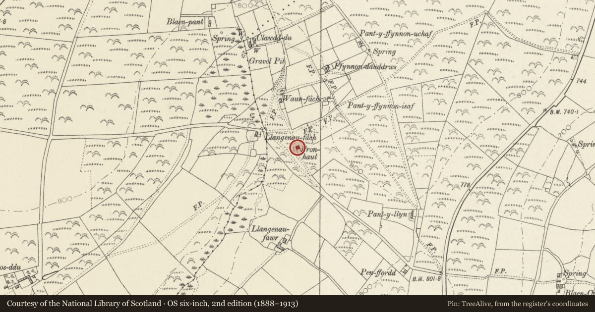 Ordnance Survey six-inch map, 2nd edition (1888–1913) covering the location of Fronhaul, Clydau, Pembrokeshire, with a pin at the register's coordinates