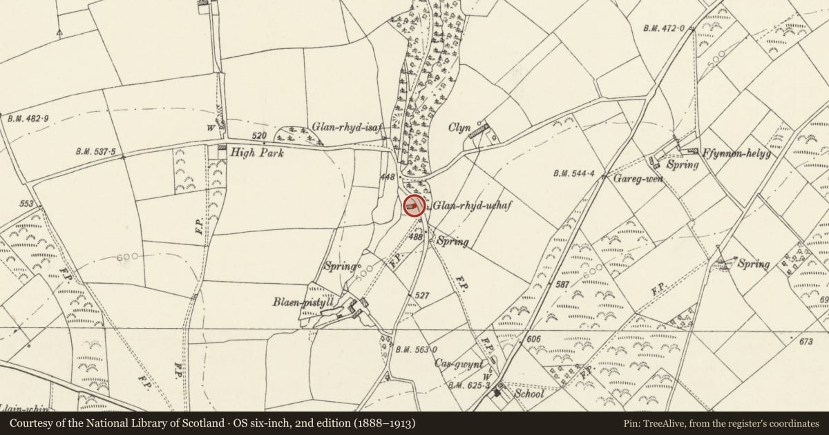 Ordnance Survey six-inch map, 2nd edition (1888–1913) covering the location of Glan-rhyd-uchaf, Clydau, Pembrokeshire, with a pin at the register's coordinates