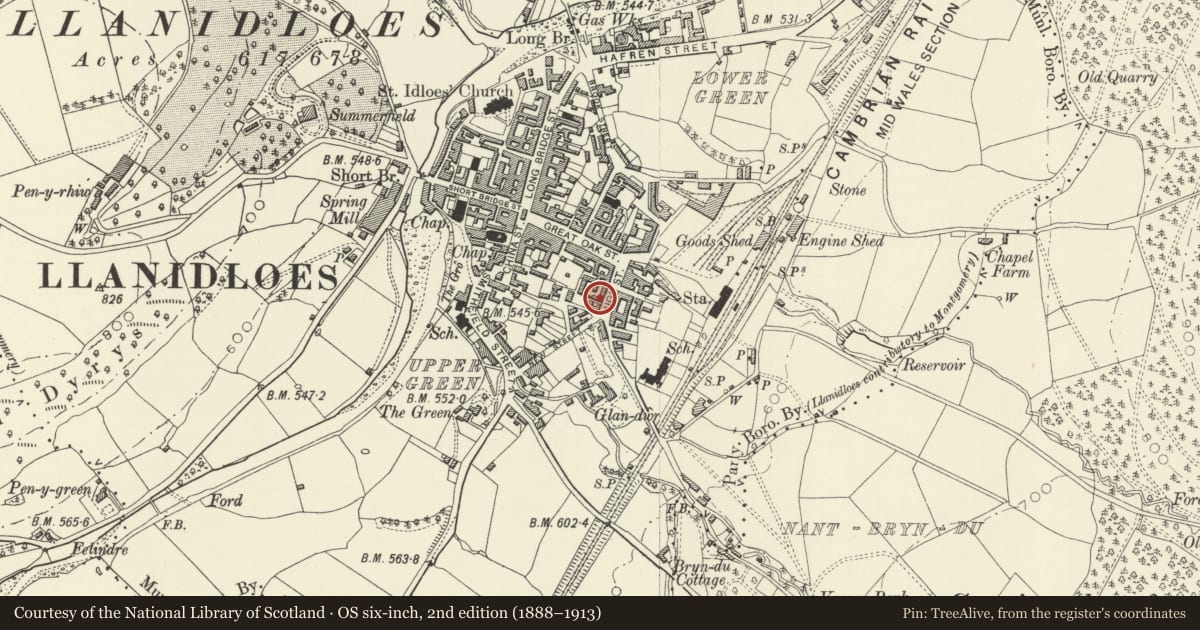 Ordnance Survey six-inch map, 2nd edition (1888–1913) covering the location of 40 High Street, Llanidloes, Powys, with a pin at the register's coordinates