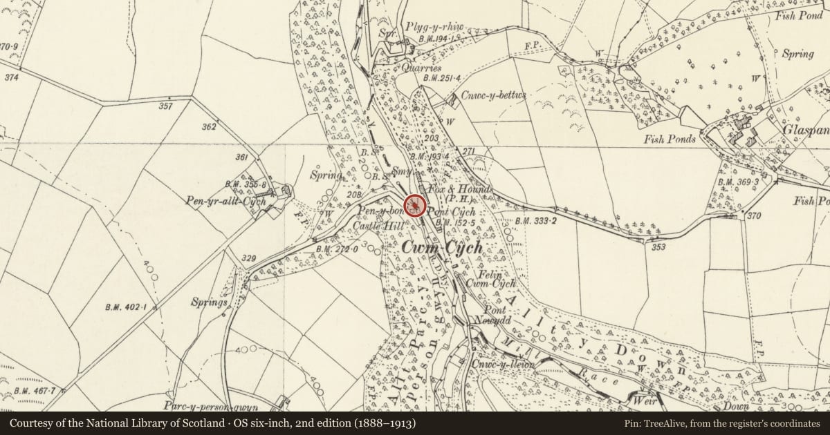Ordnance Survey six-inch map, 2nd edition (1888–1913) covering the location of Pont Cych (partly in Cenarth community), Clydau, Pembrokeshire, with a pin at the register's coordinates