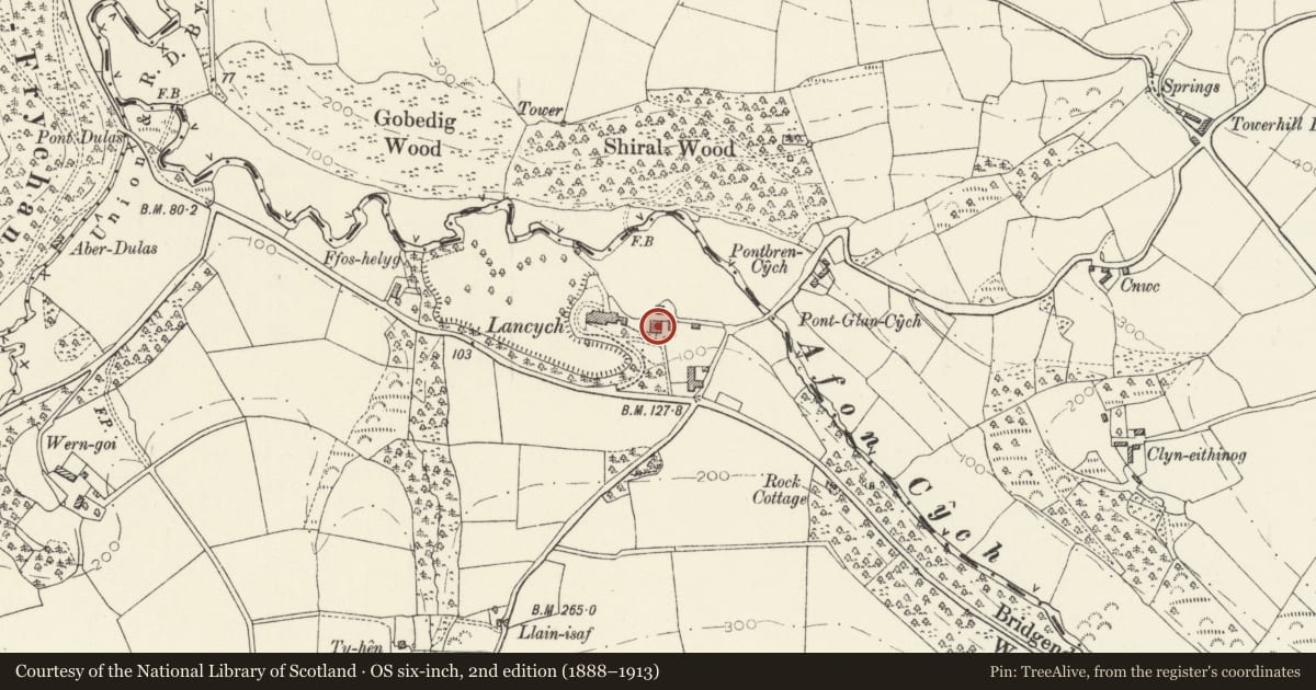 Ordnance Survey six-inch map, 2nd edition (1888–1913) covering the location of Range opposite the coach-house at Lancych, Clydau, Pembrokeshire, with a pin at the register's coordinates