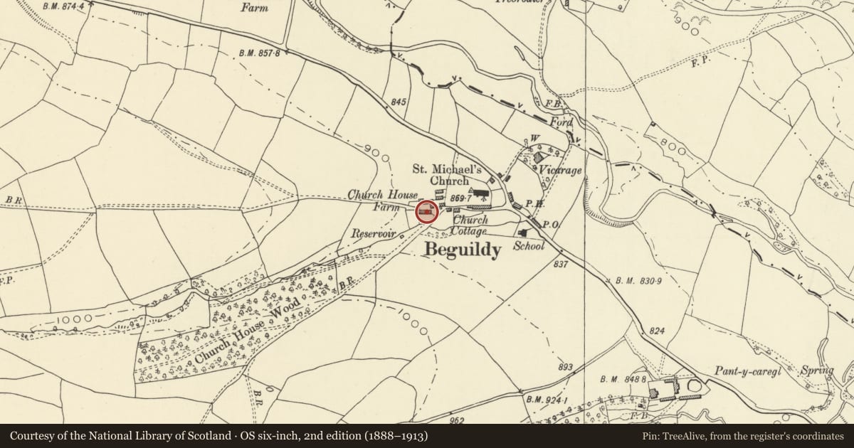 Ordnance Survey six-inch map, 2nd edition (1888–1913) covering the location of Barn & stable at Church House Farm, Beguildy, Powys, with a pin at the register's coordinates