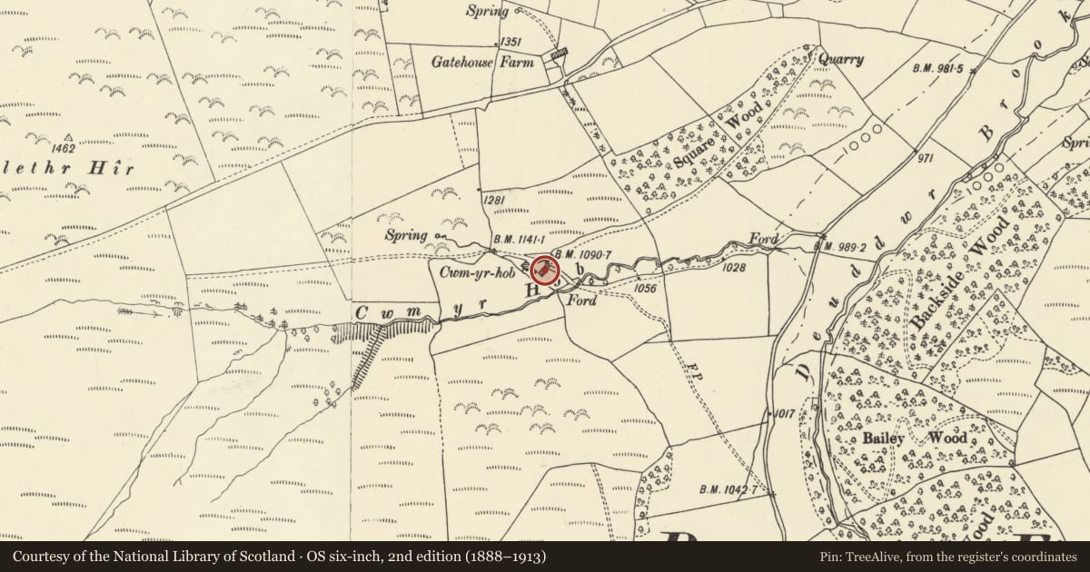 Ordnance Survey six-inch map, 2nd edition (1888–1913) covering the location of Barn at Cwm-yr-hob Farm, Beguildy, Powys, with a pin at the register's coordinates