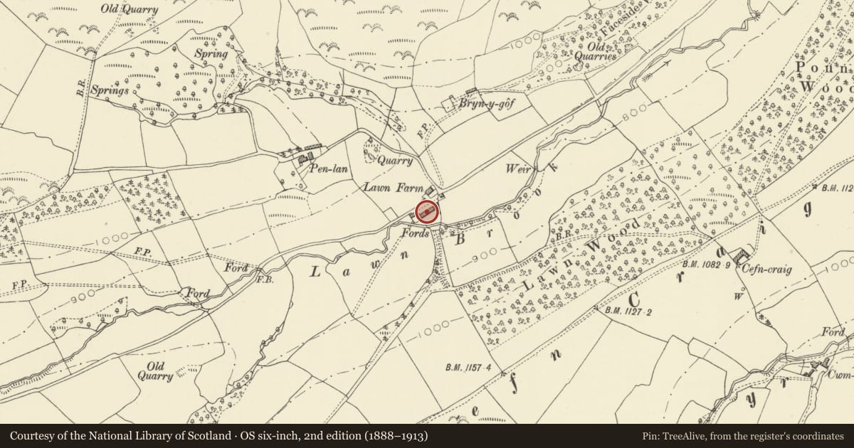Ordnance Survey six-inch map, 2nd edition (1888–1913) covering the location of Barn at Lawn Farm, Beguildy, Powys, with a pin at the register's coordinates