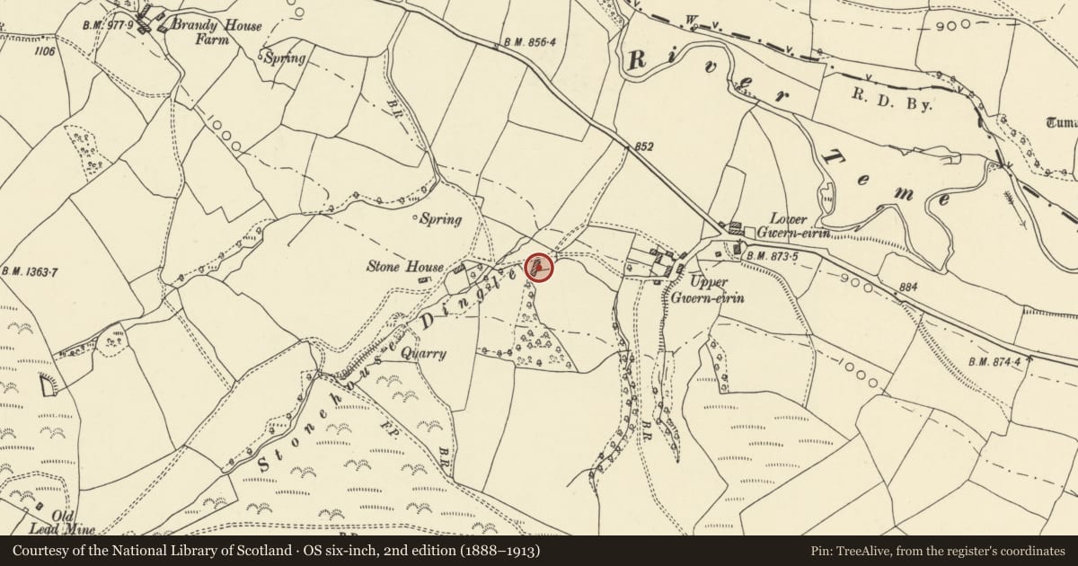 Ordnance Survey six-inch map, 2nd edition (1888–1913) covering the location of Barn E of Stone House, Beguildy, Powys, with a pin at the register's coordinates