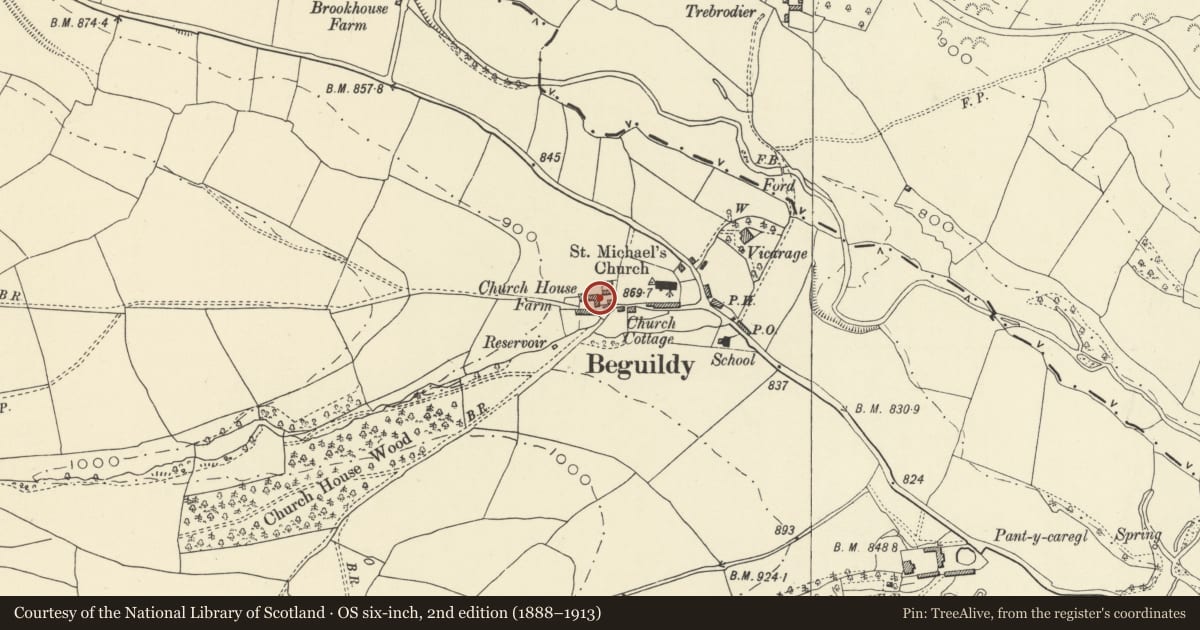 Ordnance Survey six-inch map, 2nd edition (1888–1913) covering the location of Church House Farm, including attached cow house, Beguildy, Powys, with a pin at the register's coordinates