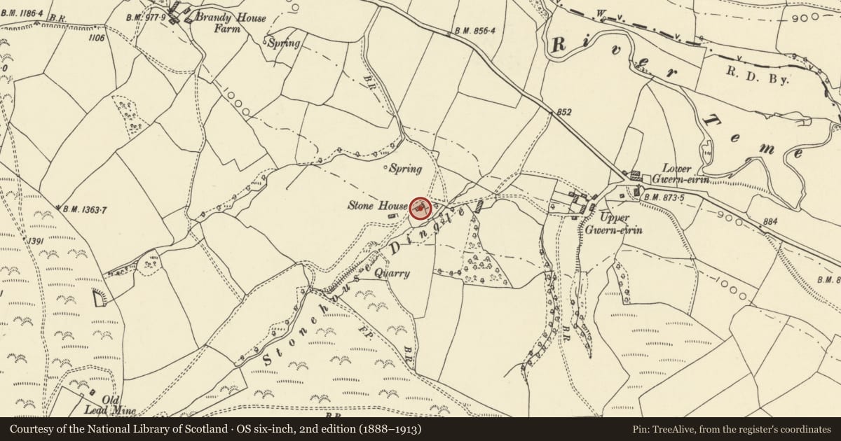 Ordnance Survey six-inch map, 2nd edition (1888–1913) covering the location of Stone House, Beguildy, Powys, with a pin at the register's coordinates