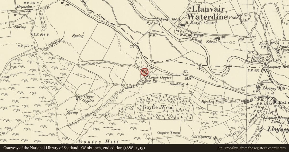 Ordnance Survey six-inch map, 2nd edition (1888–1913) covering the location of Barn at Lower Goytre Farm, Beguildy, Powys, with a pin at the register's coordinates