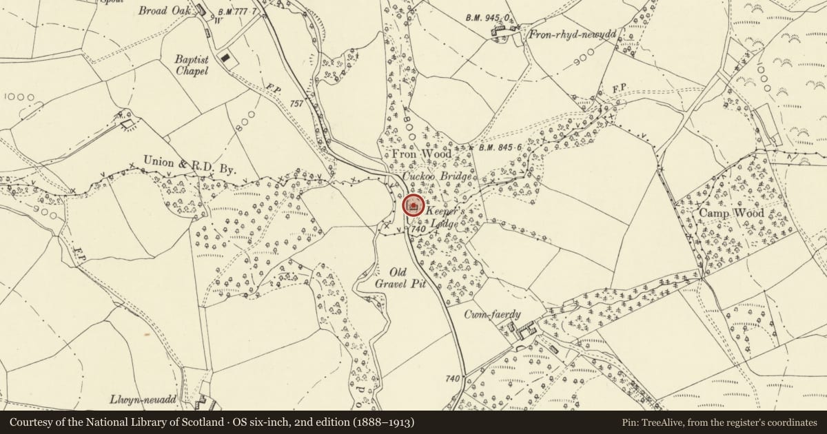 Ordnance Survey six-inch map, 2nd edition (1888–1913) covering the location of Keepers Lodge, Abbey Cwmhir, Powys, with a pin at the register's coordinates