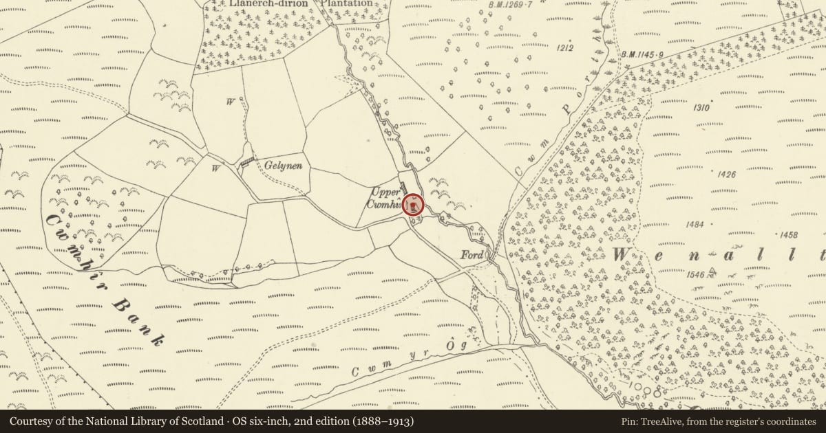 Ordnance Survey six-inch map, 2nd edition (1888–1913) covering the location of Upper Cwmhir, Abbey Cwmhir, Powys, with a pin at the register's coordinates