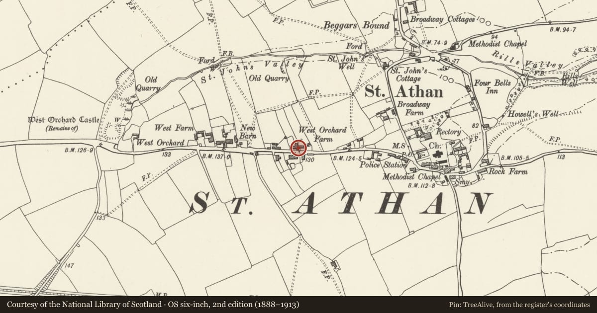 Ordnance Survey six-inch map, 2nd edition (1888–1913) covering the location of Aderyn, St. Athan, Vale of Glamorgan, with a pin at the register's coordinates
