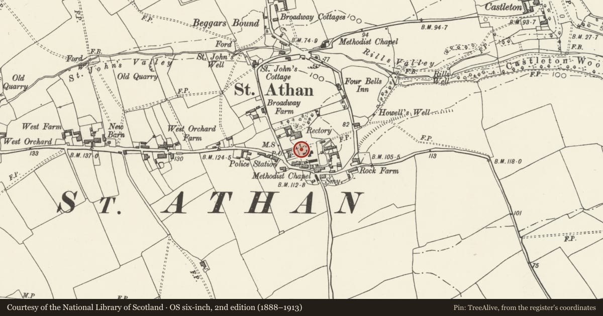 Ordnance Survey six-inch map, 2nd edition (1888–1913) covering the location of Anonymous Monument with railings in Churchyard of St Athan, St. Athan, Vale of Glamorgan, with a pin at the register's coordinates