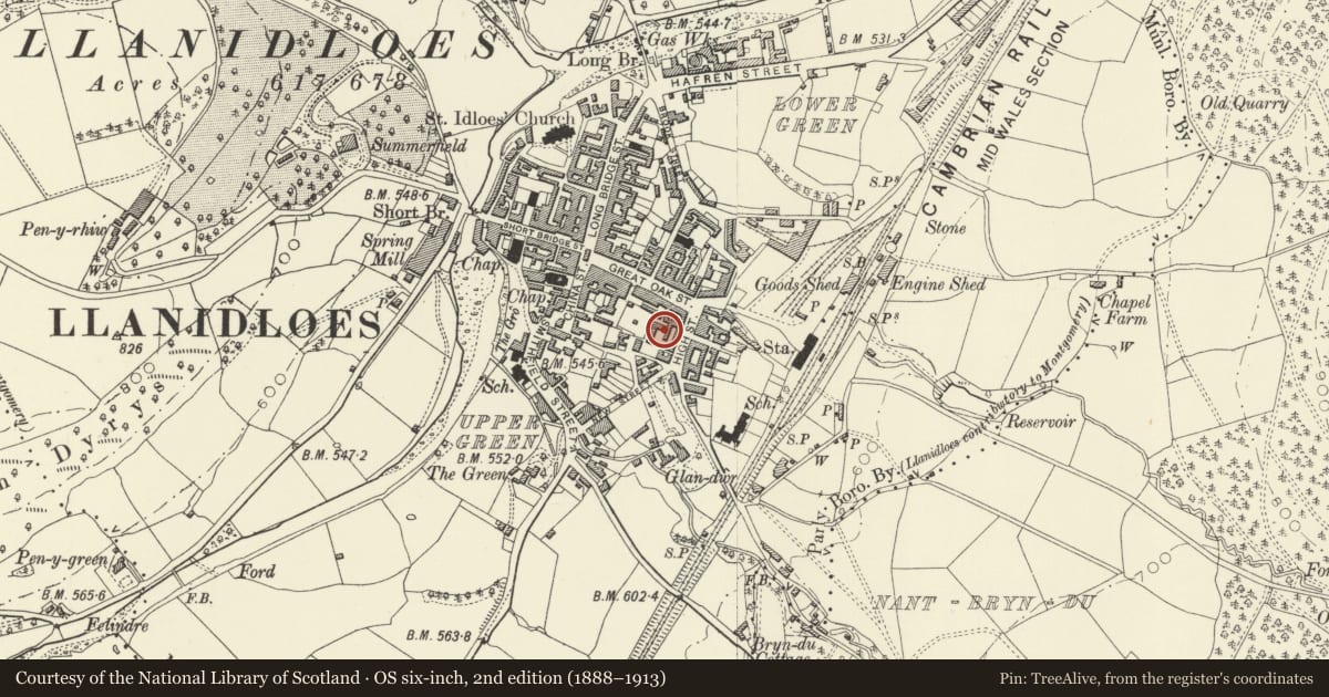 Ordnance Survey six-inch map, 2nd edition (1888–1913) covering the location of Former weaving factory to the rear of 40-44 High Street, Llanidloes, Powys, with a pin at the register's coordinates