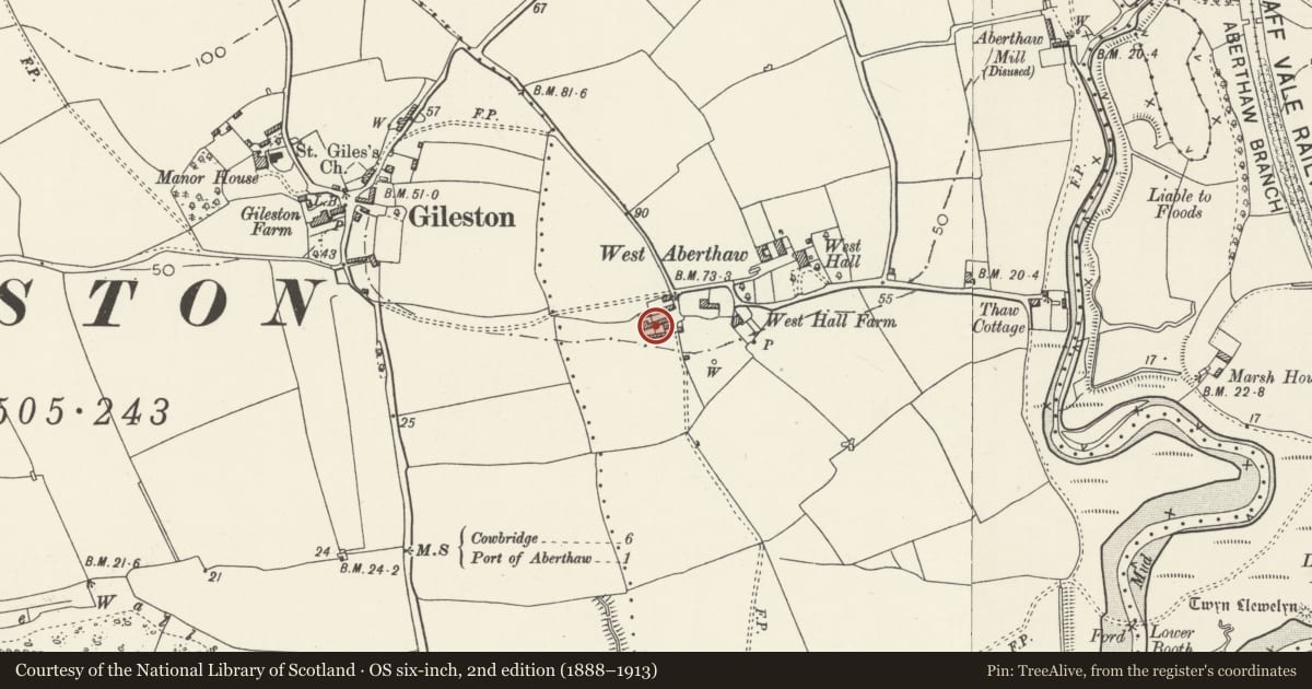 Ordnance Survey six-inch map, 2nd edition (1888–1913) covering the location of Barn at West Aberthaw Farm, St. Athan, Vale of Glamorgan, with a pin at the register's coordinates