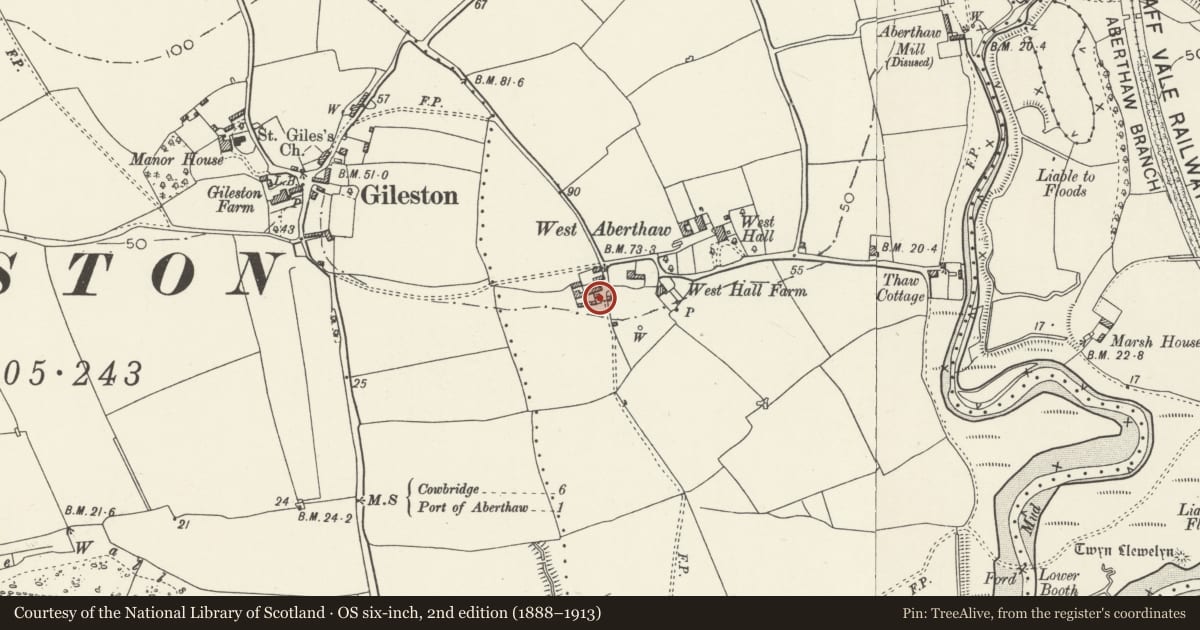 Ordnance Survey six-inch map, 2nd edition (1888–1913) covering the location of Bullhouse (Old Chapel) at West Aberthaw Farm, St. Athan, Vale of Glamorgan, with a pin at the register's coordinates