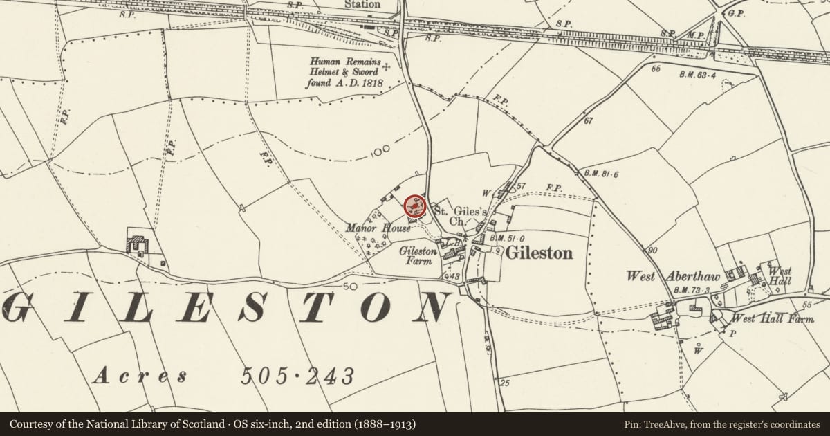 Ordnance Survey six-inch map, 2nd edition (1888–1913) covering the location of Cheesehouse at Gileston Manor, St. Athan, Vale of Glamorgan, with a pin at the register's coordinates