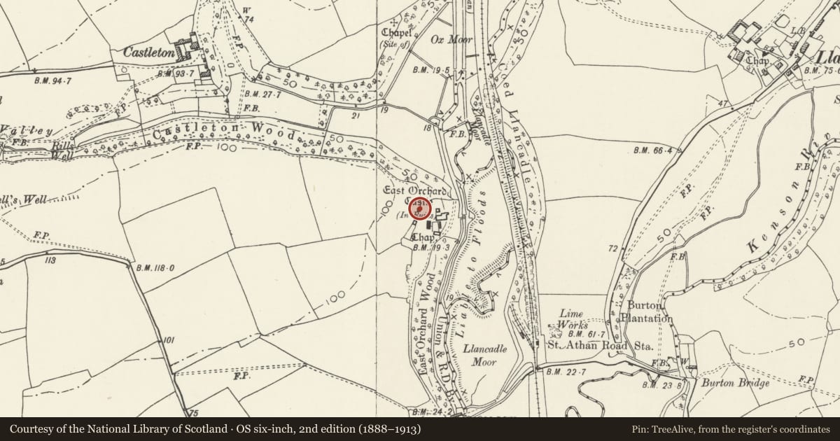 Ordnance Survey six-inch map, 2nd edition (1888–1913) covering the location of Dovecote at East Orchard, St. Athan, Vale of Glamorgan, with a pin at the register's coordinates