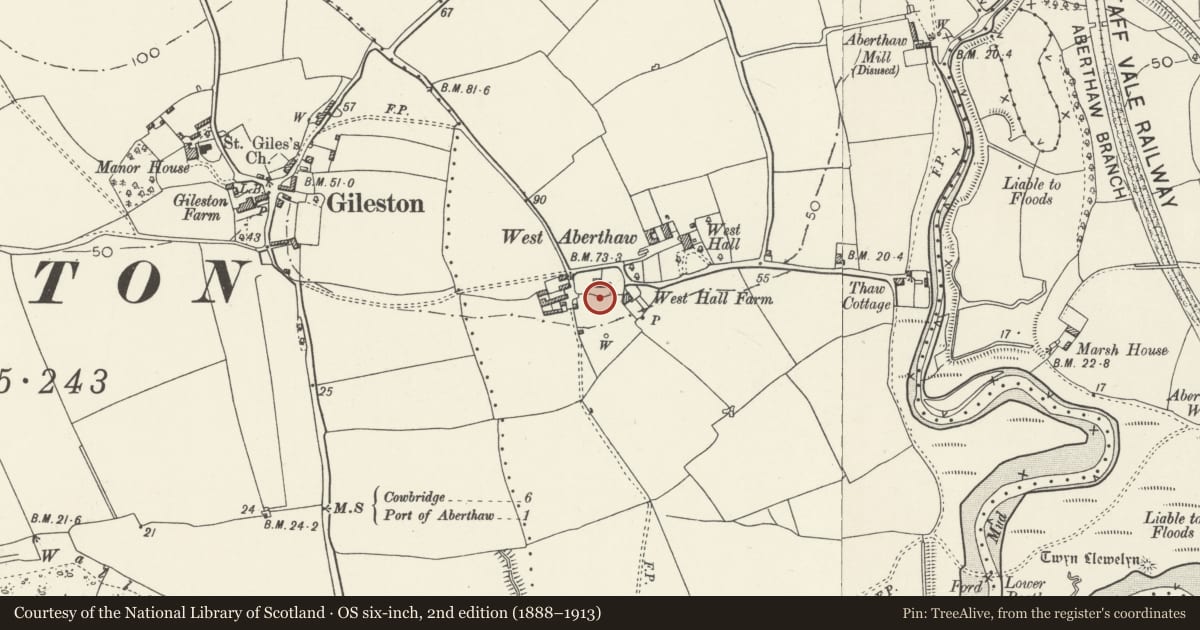 Ordnance Survey six-inch map, 2nd edition (1888–1913) covering the location of Garden Wall of West Aberthaw Farmhouse, St. Athan, Vale of Glamorgan, with a pin at the register's coordinates