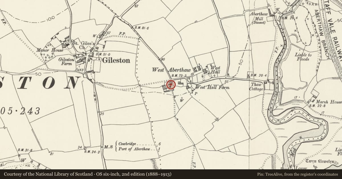 Ordnance Survey six-inch map, 2nd edition (1888–1913) covering the location of Heavy Horse Stable at West Aberthaw Farm, St. Athan, Vale of Glamorgan, with a pin at the register's coordinates