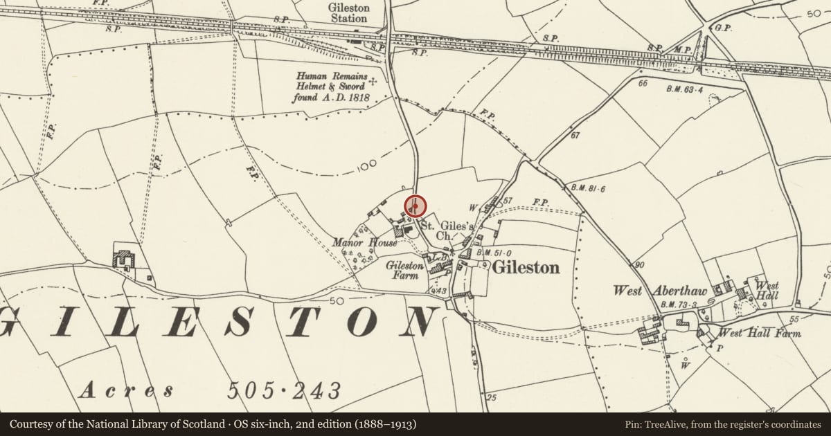 Ordnance Survey six-inch map, 2nd edition (1888–1913) covering the location of Kitchen Garden Wall of Gileston Manor, St. Athan, Vale of Glamorgan, with a pin at the register's coordinates