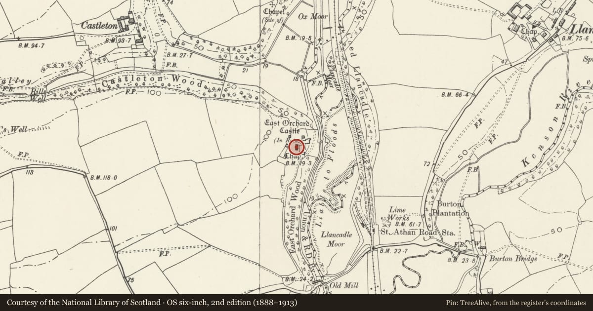 Ordnance Survey six-inch map, 2nd edition (1888–1913) covering the location of Retainers' Hall at East Orchard, St. Athan, Vale of Glamorgan, with a pin at the register's coordinates