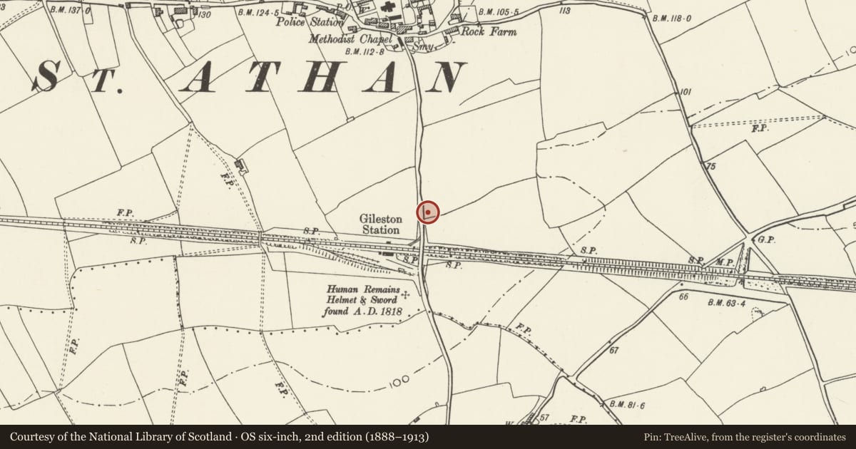 Ordnance Survey six-inch map, 2nd edition (1888–1913) covering the location of St Athan War Memorial, St. Athan, Vale of Glamorgan, with a pin at the register's coordinates