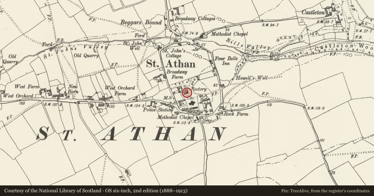 Ordnance Survey six-inch map, 2nd edition (1888–1913) covering the location of The Old Rectory (aka Balfour House), St. Athan, Vale of Glamorgan, with a pin at the register's coordinates