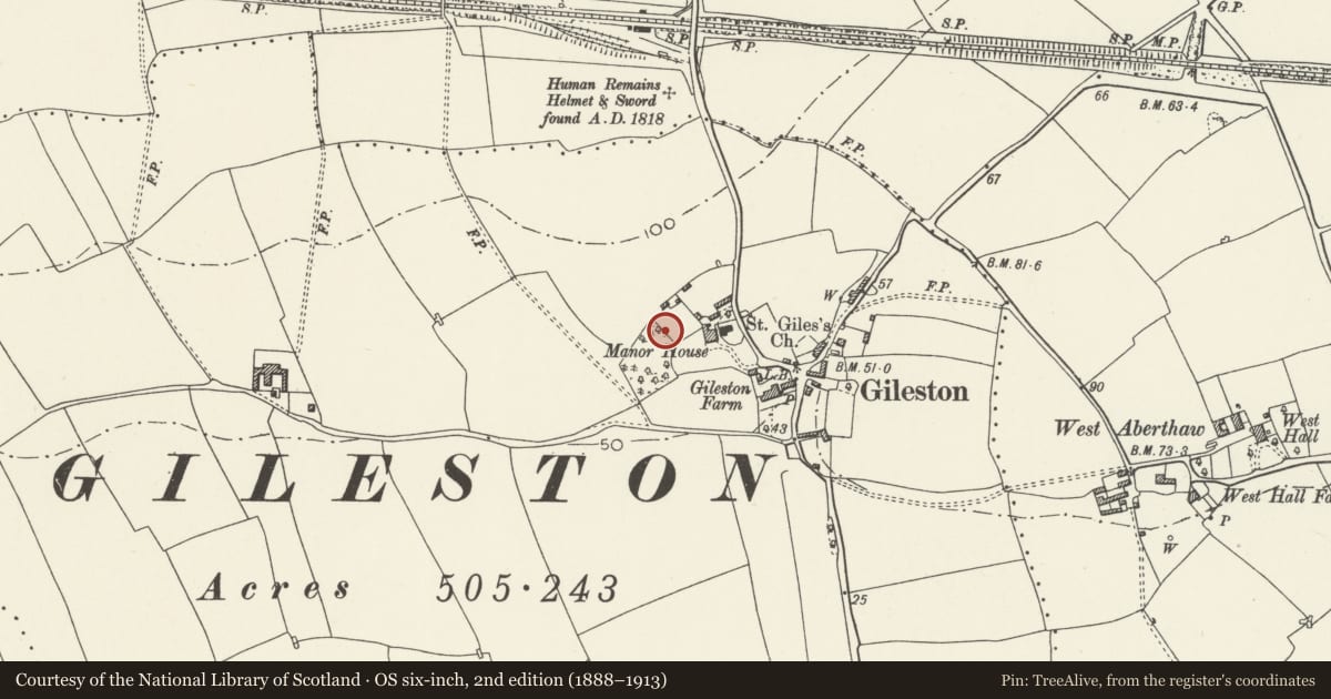 Ordnance Survey six-inch map, 2nd edition (1888–1913) covering the location of Walls, and attached Summerhouse, of Walled Garden at Gileston Manor, St. Athan, Vale of Glamorgan, with a pin at the register's coordinates