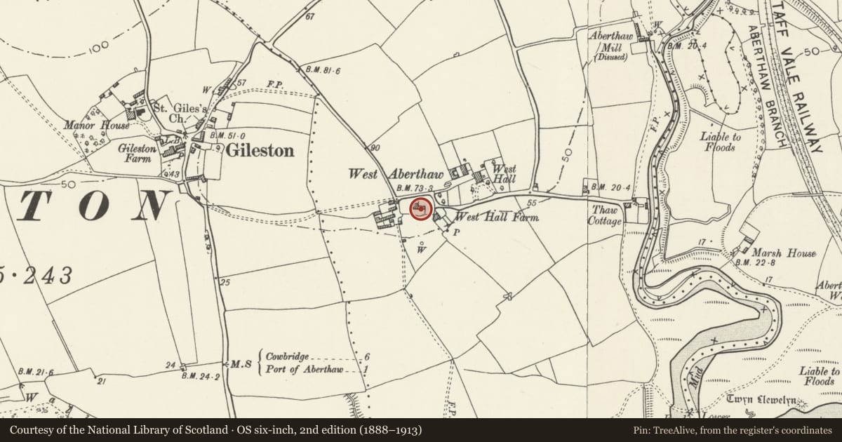Ordnance Survey six-inch map, 2nd edition (1888–1913) covering the location of West Aberthaw Farmhouse, St. Athan, Vale of Glamorgan, with a pin at the register's coordinates