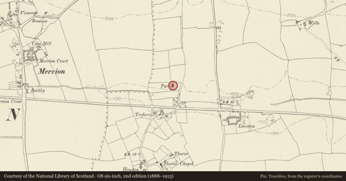 Ordnance Survey six-inch map, 2nd edition (1888–1913) covering the location of Parke, Stackpole and Castlemartin, Pembrokeshire, with a pin at the register's coordinates