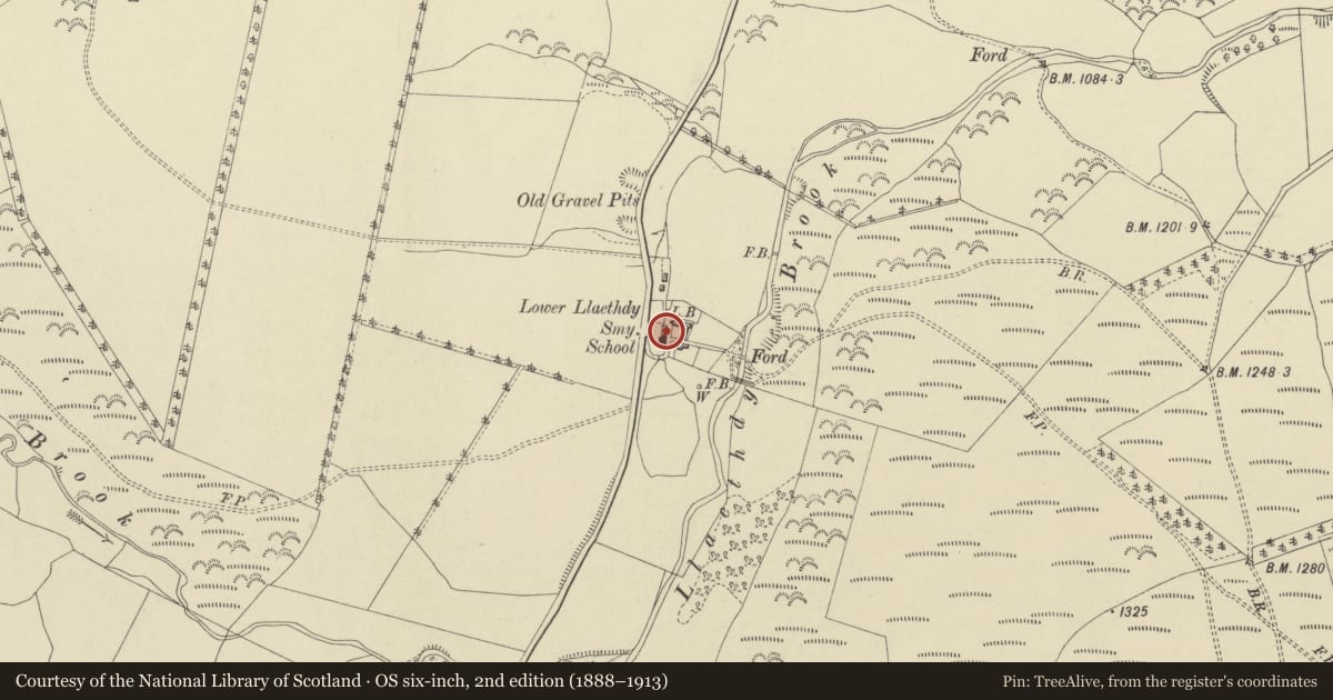Ordnance Survey six-inch map, 2nd edition (1888–1913) covering the location of Former Smithy attached to Llaithddu Baptist Church, Llanbadarn Fynydd, Powys, with a pin at the register's coordinates