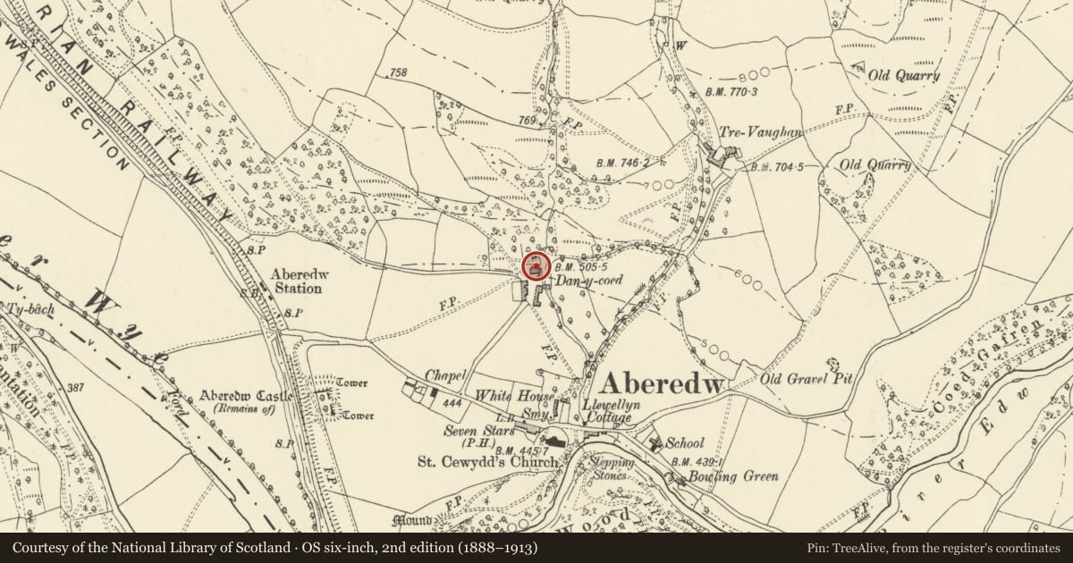 Ordnance Survey six-inch map, 2nd edition (1888–1913) covering the location of Dan-y-Coed, Aberedw, Powys, with a pin at the register's coordinates