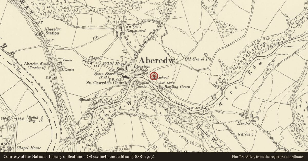 Ordnance Survey six-inch map, 2nd edition (1888–1913) covering the location of Hen Dy Ysgol, Aberedw, Powys, with a pin at the register's coordinates