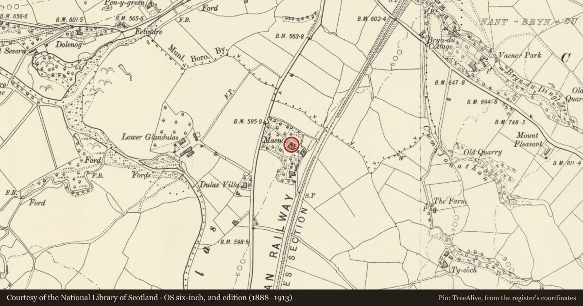 Ordnance Survey six-inch map, 2nd edition (1888–1913) covering the location of Maenol, Llanidloes, Powys, with a pin at the register's coordinates