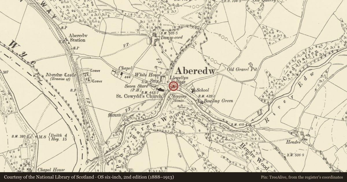Ordnance Survey six-inch map, 2nd edition (1888–1913) covering the location of Llewellyn House, Aberedw, Powys, with a pin at the register's coordinates