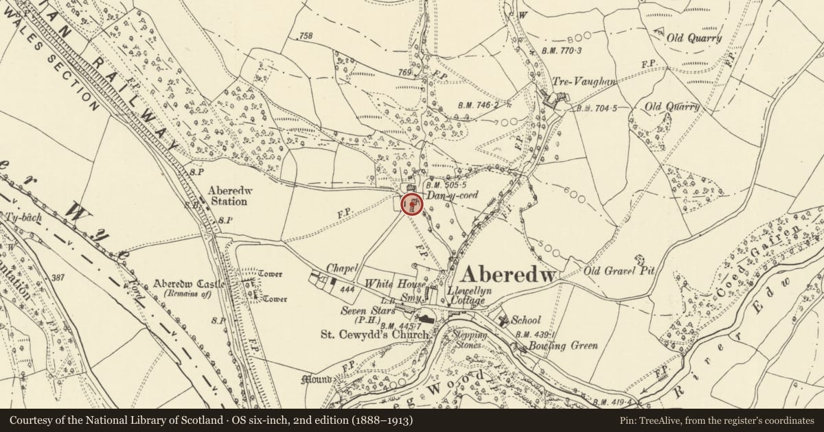 Ordnance Survey six-inch map, 2nd edition (1888–1913) covering the location of Multi-purpose farm building at Dan-y-Coed Farm, Aberedw, Powys, with a pin at the register's coordinates