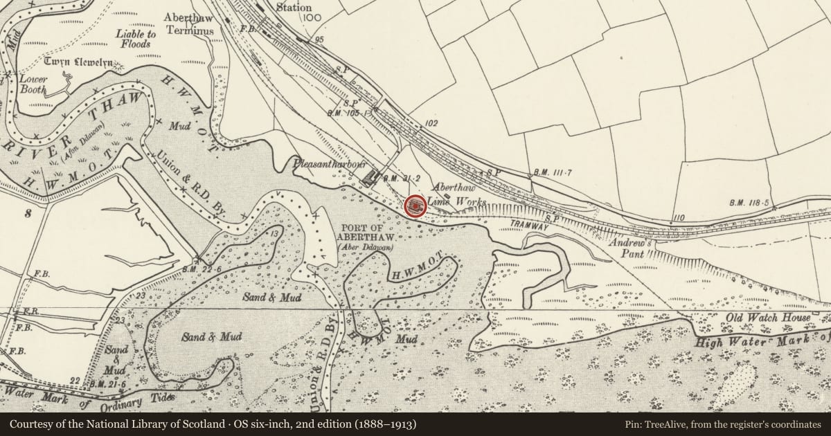 Ordnance Survey six-inch map, 2nd edition (1888–1913) covering the location of Aberthaw Lime and Cement Works, Rhoose, Vale of Glamorgan, with a pin at the register's coordinates
