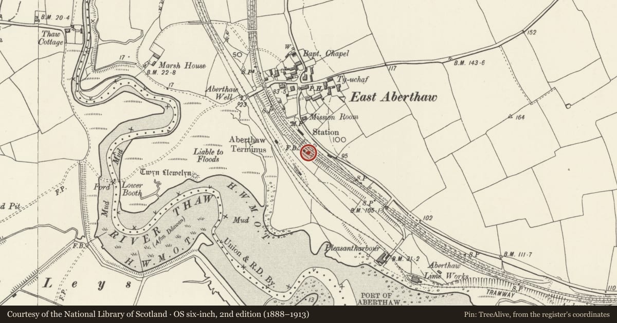 Ordnance Survey six-inch map, 2nd edition (1888–1913) covering the location of Aberthaw Signal Box, Rhoose, Vale of Glamorgan, with a pin at the register's coordinates