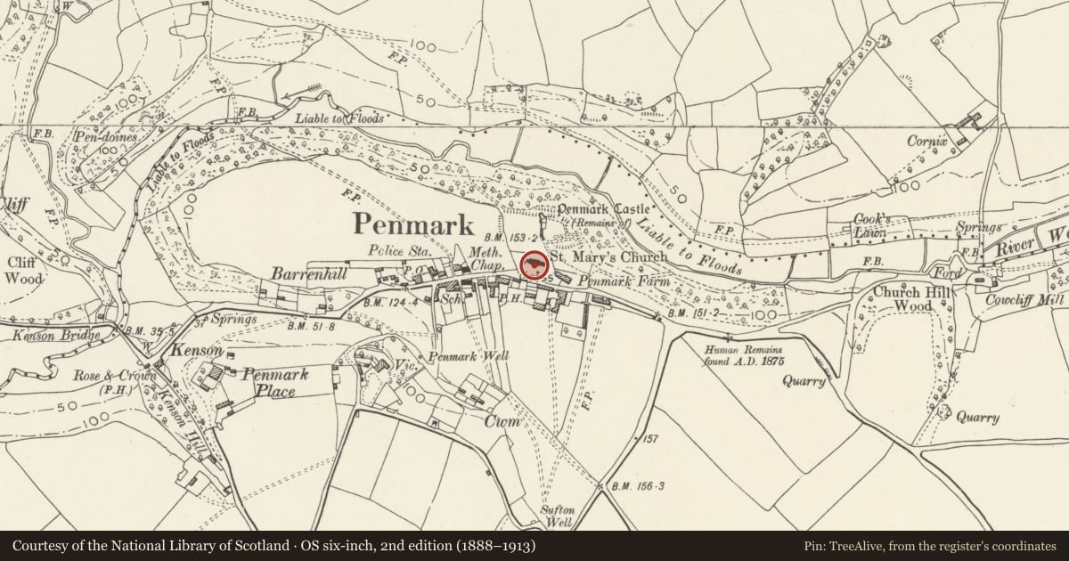 Ordnance Survey six-inch map, 2nd edition (1888–1913) covering the location of Casberd Family Tomb in the Churchyard of the Church of St Mary, Rhoose, Vale of Glamorgan, with a pin at the register's coordinates