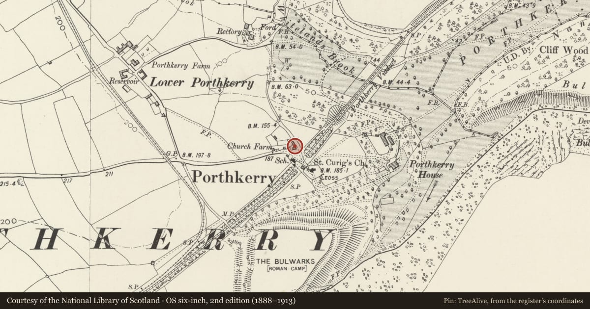 Ordnance Survey six-inch map, 2nd edition (1888–1913) covering the location of Church Farmhouse (aka Glebe Farm), Rhoose, Vale of Glamorgan, with a pin at the register's coordinates